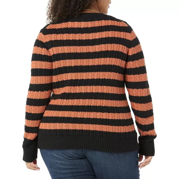 Amazon Essentials Womens Fisherman Cable LongSleeve Crewneck Sweater Available in Plus SizeBlackCaramel Stripe