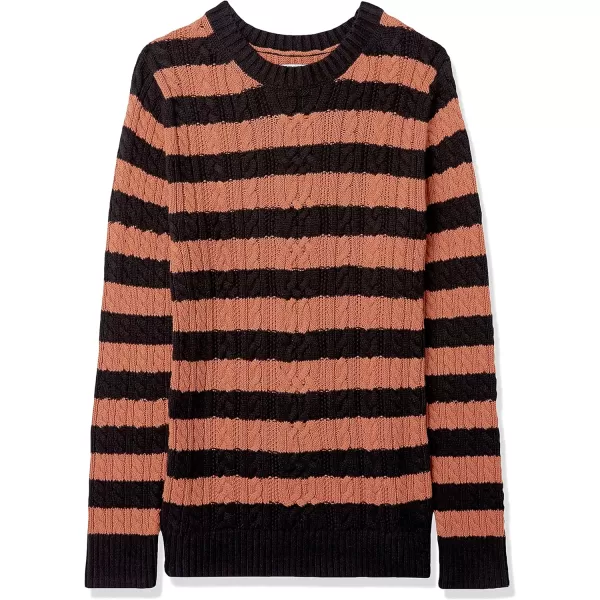 Amazon Essentials Womens Fisherman Cable LongSleeve Crewneck Sweater Available in Plus SizeBlackCaramel Stripe