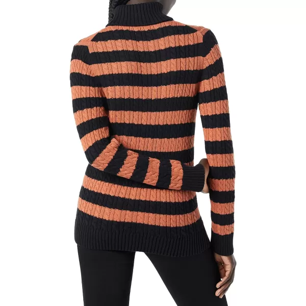 Amazon Essentials Womens Fisherman Cable Turtleneck Sweater Available in Plus SizeBlackCaramel Stripe