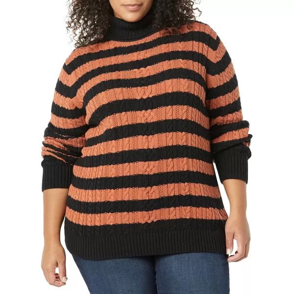 Amazon Essentials Womens Fisherman Cable Turtleneck Sweater Available in Plus SizeBlackCaramel Stripe