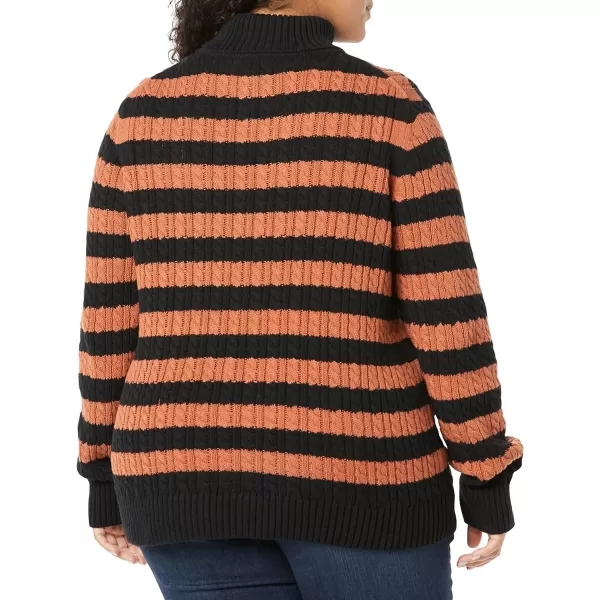Amazon Essentials Womens Fisherman Cable Turtleneck Sweater Available in Plus SizeBlackCaramel Stripe