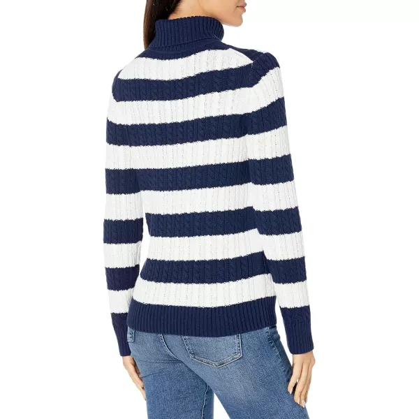 Amazon Essentials Womens Fisherman Cable Turtleneck Sweater Available in Plus SizeNavy White Rugby Stripe