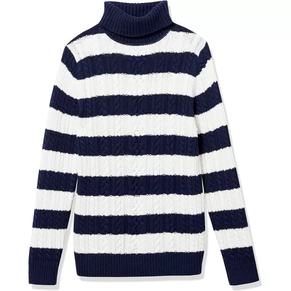 Amazon Essentials Womens Fisherman Cable Turtleneck Sweater Available in Plus SizeNavy White Rugby Stripe