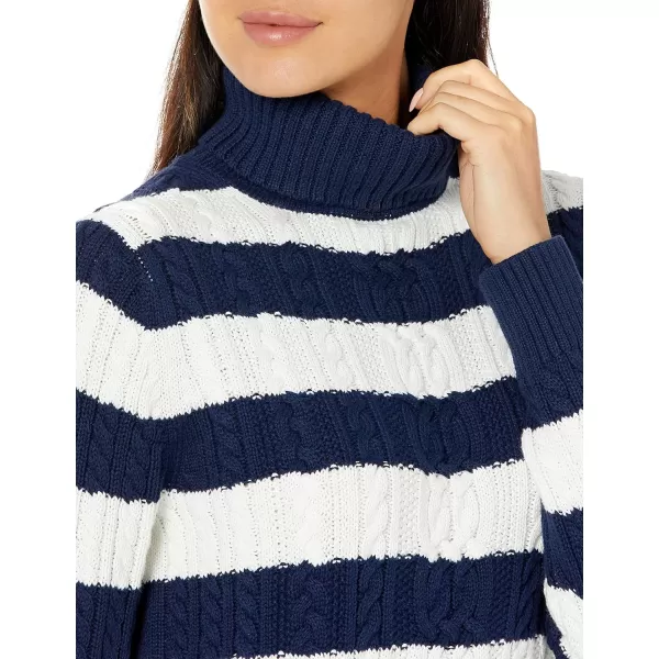 Amazon Essentials Womens Fisherman Cable Turtleneck Sweater Available in Plus SizeNavy White Rugby Stripe