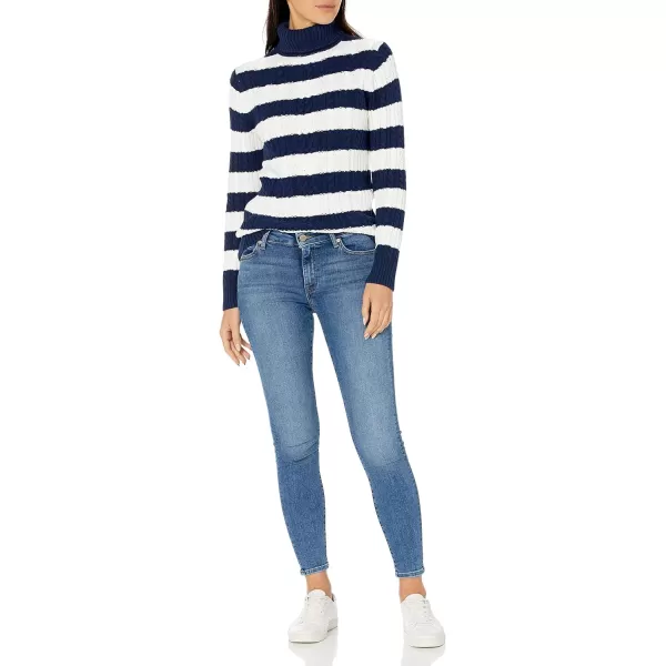 Amazon Essentials Womens Fisherman Cable Turtleneck Sweater Available in Plus SizeNavy White Rugby Stripe