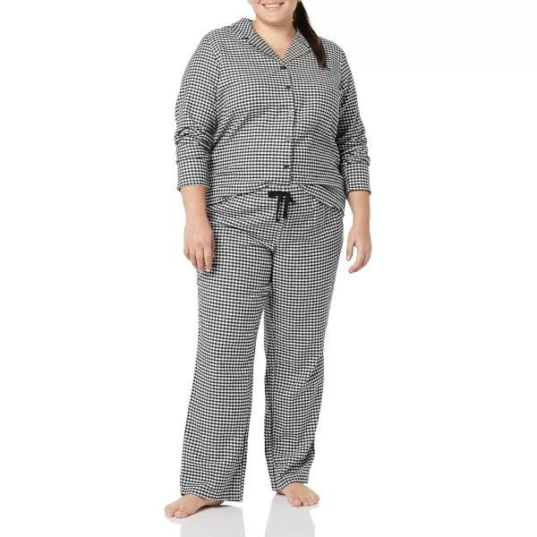 Amazon Essentials Womens Flannel LongSleeve Button Front Shirt and Pant Pajama SetBlackWhite Gingham