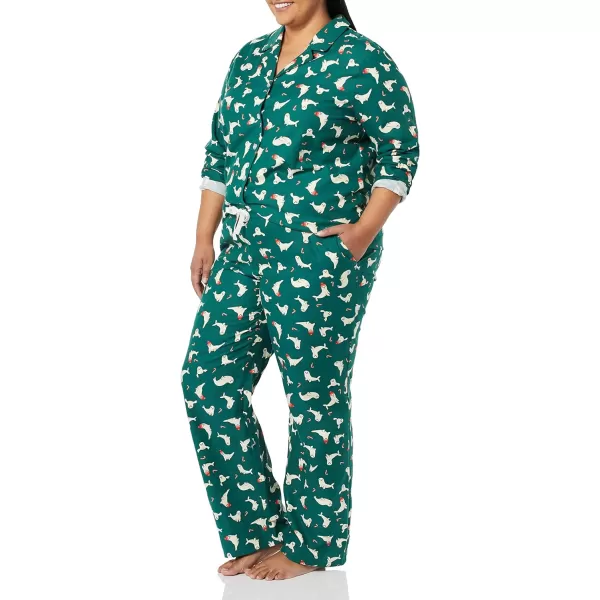 Amazon Essentials Womens Flannel LongSleeve Button Front Shirt and Pant Pajama SetDark Green Seal