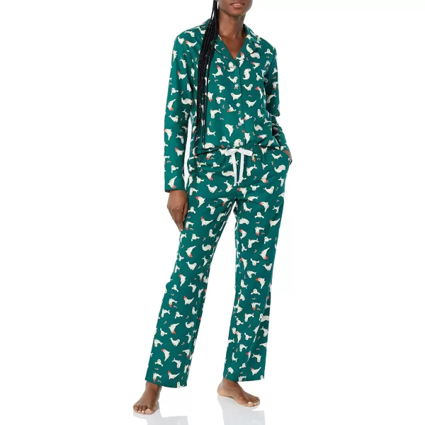 Amazon Essentials Womens Flannel LongSleeve Button Front Shirt and Pant Pajama SetDark Green Seal