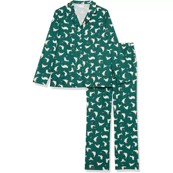 Amazon Essentials Womens Flannel LongSleeve Button Front Shirt and Pant Pajama SetDark Green Seal