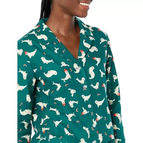 Amazon Essentials Womens Flannel LongSleeve Button Front Shirt and Pant Pajama SetDark Green Seal