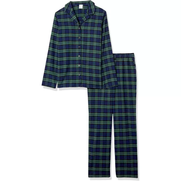 Amazon Essentials Womens Flannel LongSleeve Button Front Shirt and Pant Pajama SetGreen Navy Check Plaid