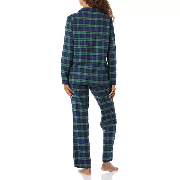 Amazon Essentials Womens Flannel LongSleeve Button Front Shirt and Pant Pajama SetGreen Navy Check Plaid