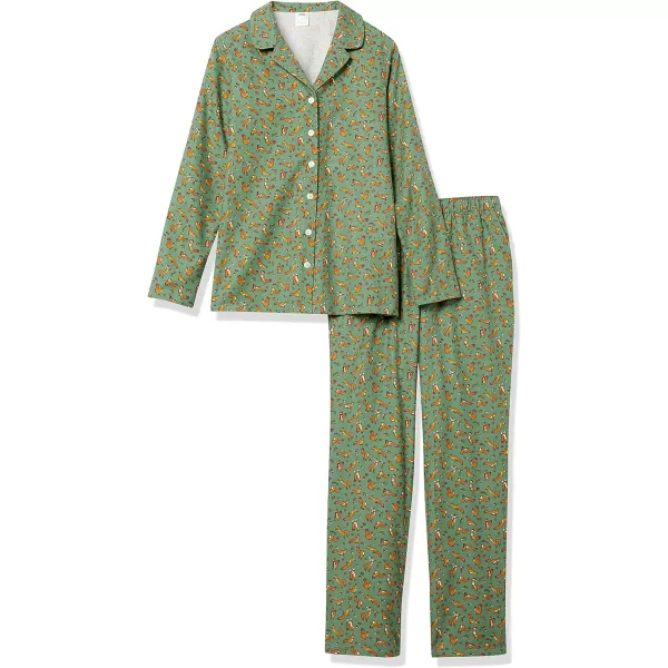 Amazon Essentials Womens Flannel LongSleeve Button Front Shirt and Pant Pajama SetGreen Squirrel