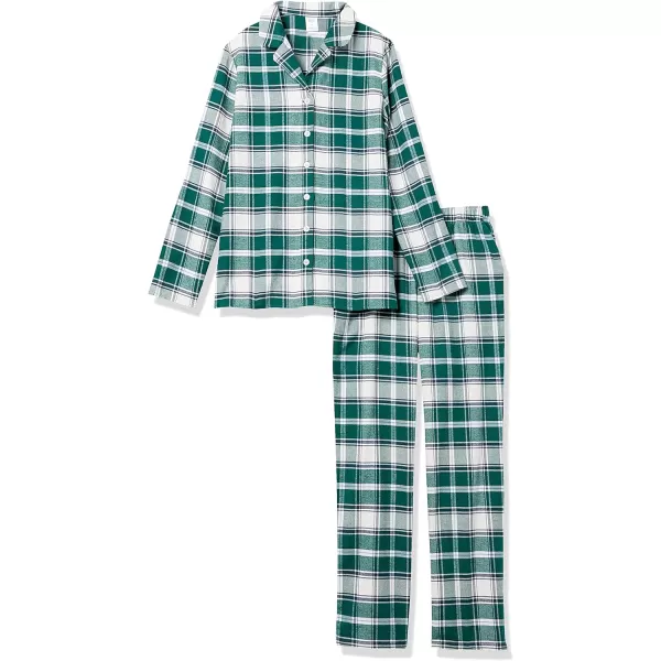 Amazon Essentials Womens Flannel LongSleeve Button Front Shirt and Pant Pajama SetGreenWhiteClay Plaid