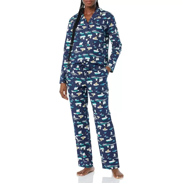 Amazon Essentials Womens Flannel LongSleeve Button Front Shirt and Pant Pajama SetNavy Arctic Creatures