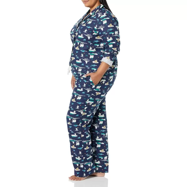 Amazon Essentials Womens Flannel LongSleeve Button Front Shirt and Pant Pajama SetNavy Arctic Creatures