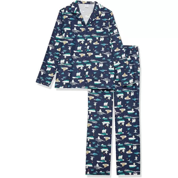 Amazon Essentials Womens Flannel LongSleeve Button Front Shirt and Pant Pajama SetNavy Arctic Creatures