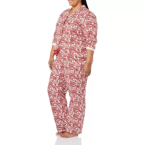 Amazon Essentials Womens Flannel LongSleeve Button Front Shirt and Pant Pajama SetRed Mono Santa