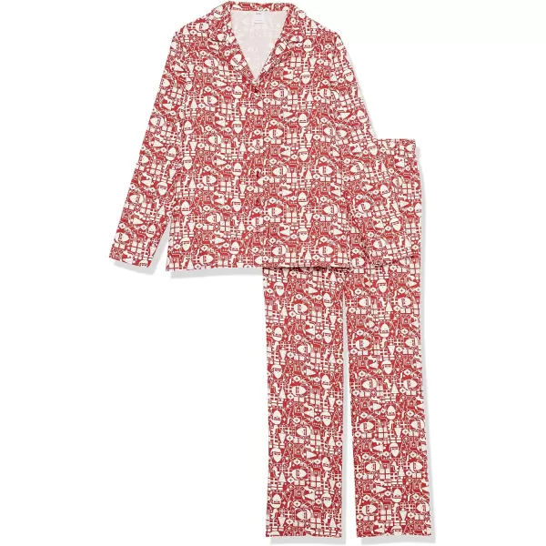 Amazon Essentials Womens Flannel LongSleeve Button Front Shirt and Pant Pajama SetRed Mono Santa