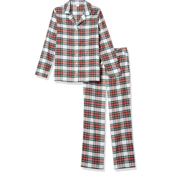 Amazon Essentials Womens Flannel LongSleeve Button Front Shirt and Pant Pajama SetRed Tartan