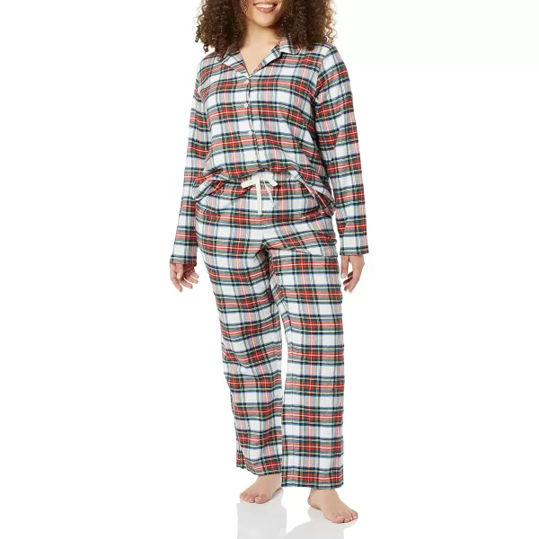 Amazon Essentials Womens Flannel LongSleeve Button Front Shirt and Pant Pajama SetRed Tartan