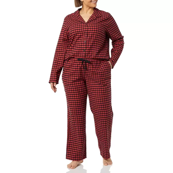 Amazon Essentials Womens Flannel LongSleeve Button Front Shirt and Pant Pajama SetRedBlack Mini Buffalo Plaid