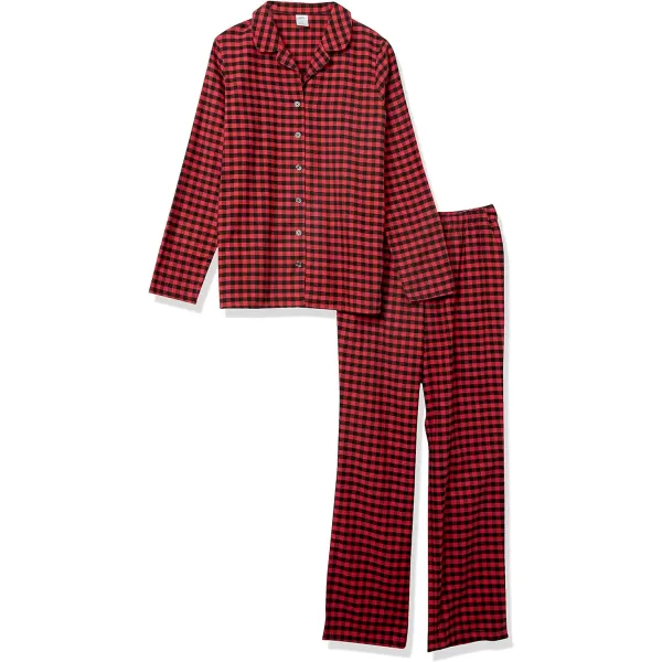 Amazon Essentials Womens Flannel LongSleeve Button Front Shirt and Pant Pajama SetRedBlack Mini Buffalo Plaid