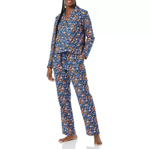 Amazon Essentials Womens Flannel LongSleeve Button Front Shirt and Pant Pajama SetTeal Blue Floral Camo