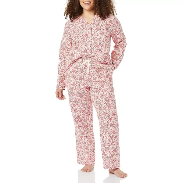 Amazon Essentials Womens Flannel LongSleeve Button Front Shirt and Pant Pajama SetWhiteRed Forest