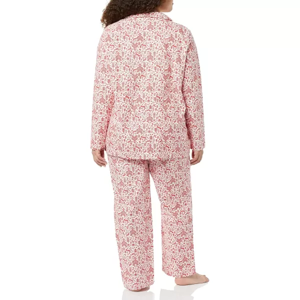 Amazon Essentials Womens Flannel LongSleeve Button Front Shirt and Pant Pajama SetWhiteRed Forest