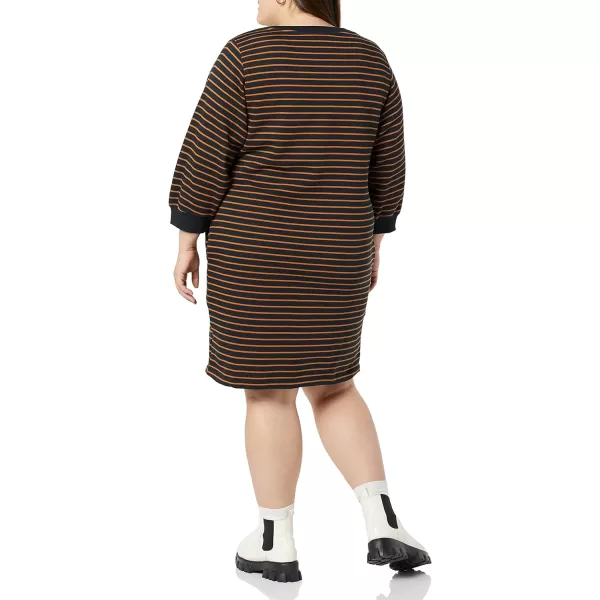 Amazon Essentials Womens Fleece Blouson Sleeve Crewneck Sweatshirt Dress Available in Plus SizeBlack Camel Stripe