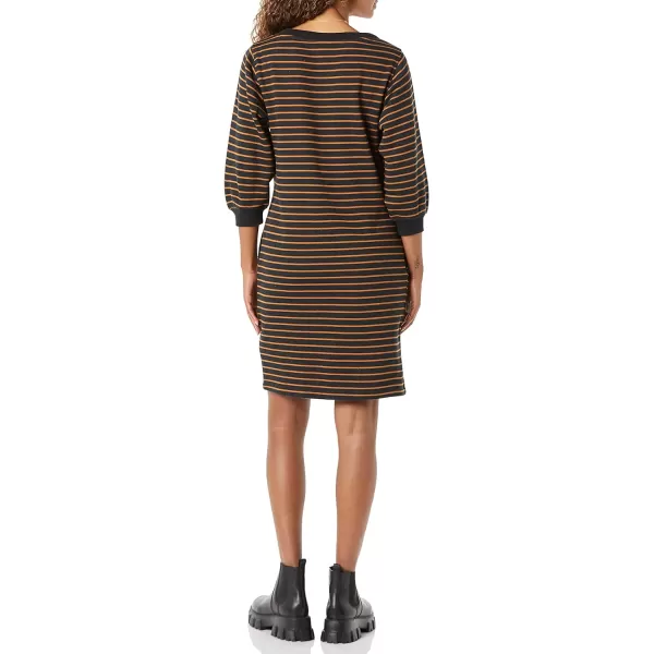 Amazon Essentials Womens Fleece Blouson Sleeve Crewneck Sweatshirt Dress Available in Plus SizeBlack Camel Stripe