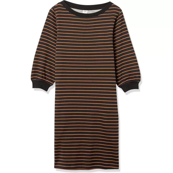 Amazon Essentials Womens Fleece Blouson Sleeve Crewneck Sweatshirt Dress Available in Plus SizeBlack Camel Stripe