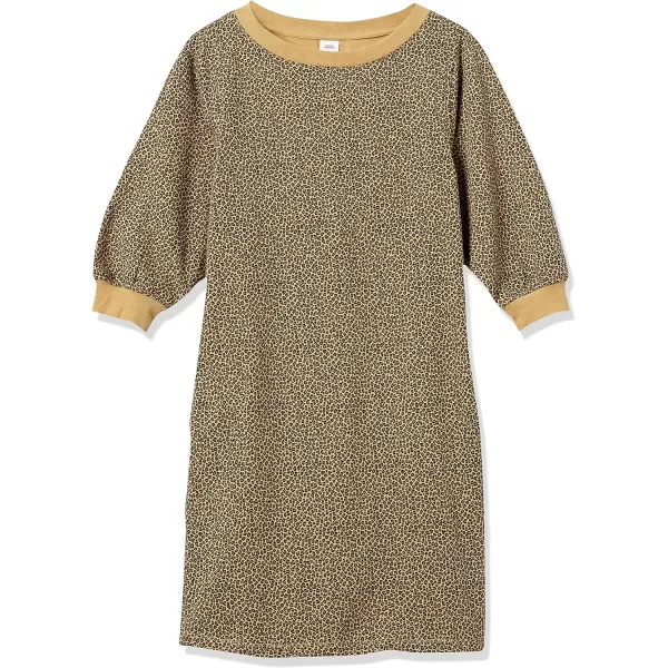Amazon Essentials Womens Fleece Blouson Sleeve Crewneck Sweatshirt Dress Available in Plus SizeCamel Cheetah