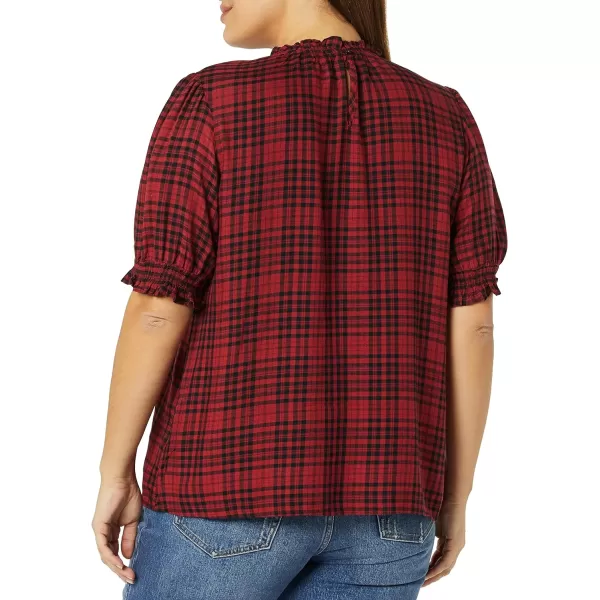 Amazon Essentials Womens Fluid Twill Short Puff Sleeve Smock Detail ShirtBlack Red Medium Plaid