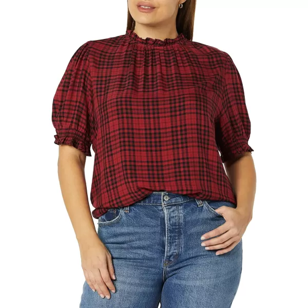 Amazon Essentials Womens Fluid Twill Short Puff Sleeve Smock Detail ShirtBlack Red Medium Plaid