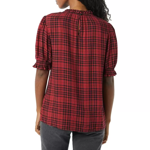 Amazon Essentials Womens Fluid Twill Short Puff Sleeve Smock Detail ShirtBlack Red Medium Plaid