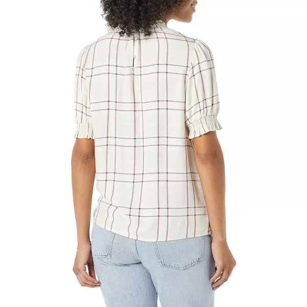 Amazon Essentials Womens Fluid Twill Short Puff Sleeve Smock Detail ShirtBurgundy Ecru Plaid