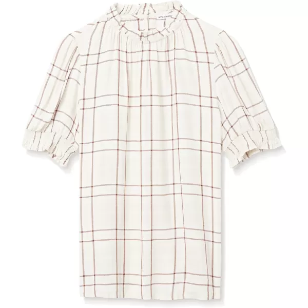 Amazon Essentials Womens Fluid Twill Short Puff Sleeve Smock Detail ShirtBurgundy Ecru Plaid