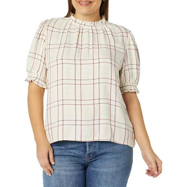 Amazon Essentials Womens Fluid Twill Short Puff Sleeve Smock Detail ShirtBurgundy Ecru Plaid