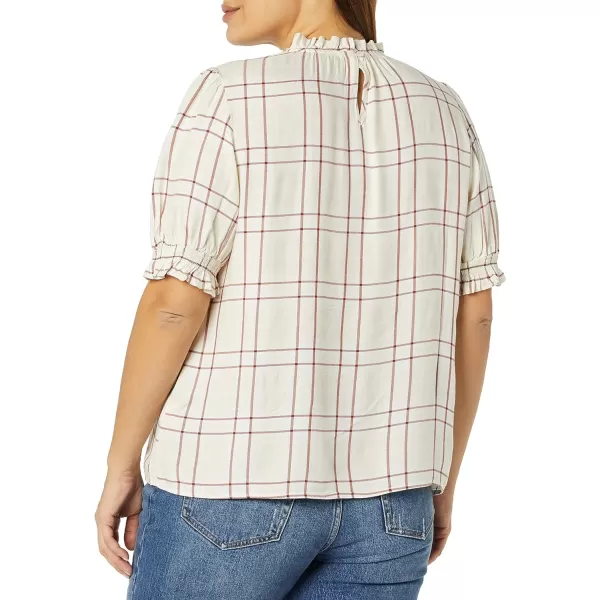 Amazon Essentials Womens Fluid Twill Short Puff Sleeve Smock Detail ShirtBurgundy Ecru Plaid