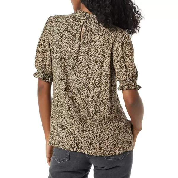 Amazon Essentials Womens Fluid Twill Short Puff Sleeve Smock Detail ShirtCamel Cheetah