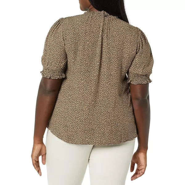 Amazon Essentials Womens Fluid Twill Short Puff Sleeve Smock Detail ShirtCamel Cheetah