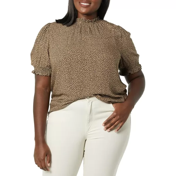 Amazon Essentials Womens Fluid Twill Short Puff Sleeve Smock Detail ShirtCamel Cheetah