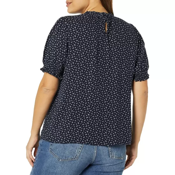 Amazon Essentials Womens Fluid Twill Short Puff Sleeve Smock Detail ShirtNavy White Ditsy Print