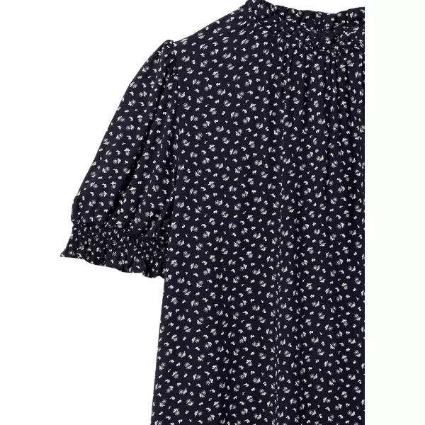 Amazon Essentials Womens Fluid Twill Short Puff Sleeve Smock Detail ShirtNavy White Ditsy Print