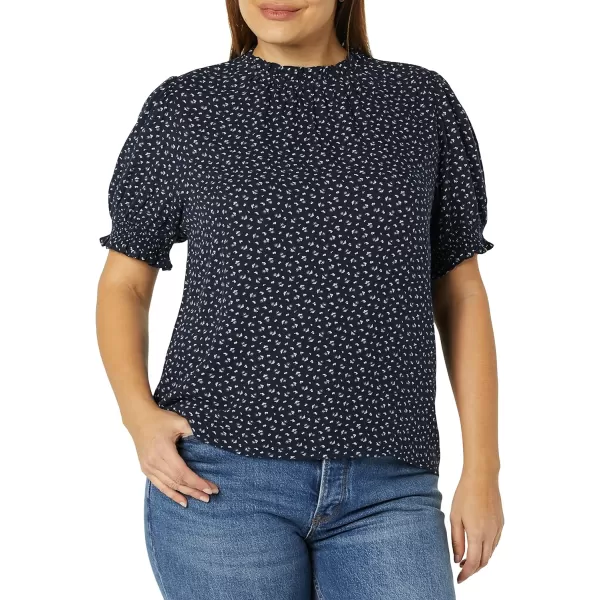 Amazon Essentials Womens Fluid Twill Short Puff Sleeve Smock Detail ShirtNavy White Ditsy Print