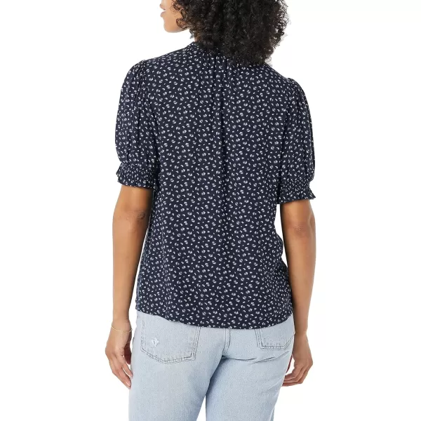 Amazon Essentials Womens Fluid Twill Short Puff Sleeve Smock Detail ShirtNavy White Ditsy Print