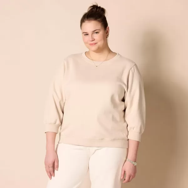 Amazon Essentials Womens French Terry Fleece Sleeve Detail Crewneck SweatshirtBeige