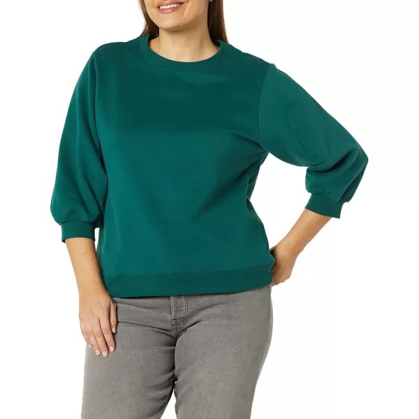 Amazon Essentials Womens French Terry Fleece Sleeve Detail Crewneck SweatshirtDark Green